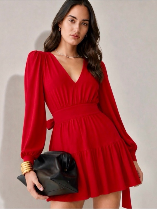 REVOLVE Dresses & Skirts - Revolve AMANDA UPRICHARD Selene Liptick Red Belted Ruffle Mini Dress Size M